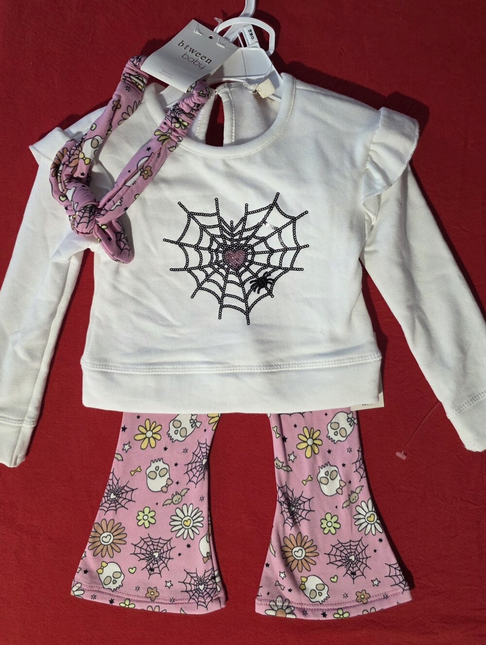 Btween Baby Spider Web Sequin Heart Top With Matching Pants And Headband